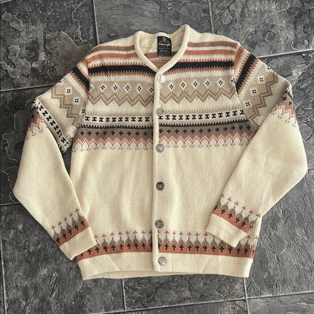 NORVYK RENOIR VIRGIN WOOL Vintage Cream/Brown Cardigan Sweater Ski Chalet Nordic